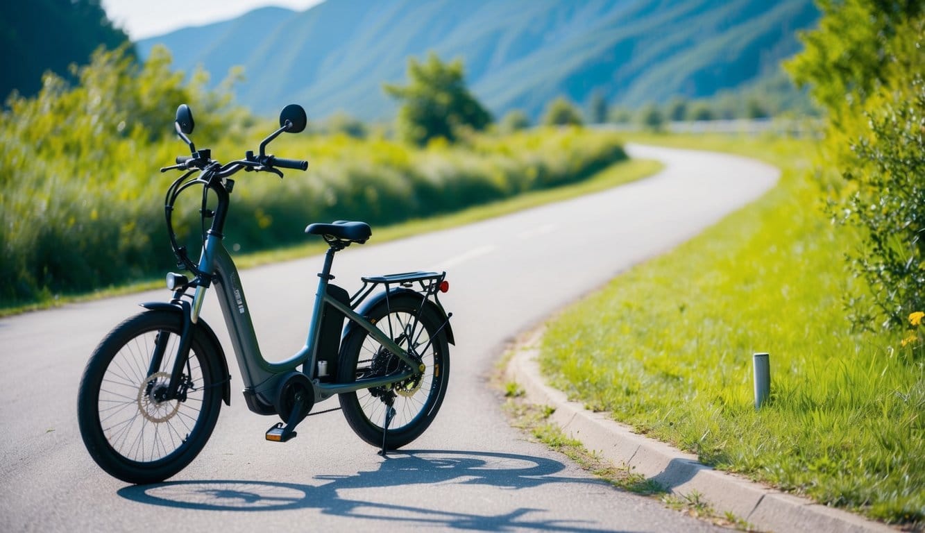 Vergieße den E-Bike-Weg! Ihr Leitfaden zum Abnehmen und zum Fit auf ein Elektrofahrrad! An e-bike parked next to a scenic bike path with lush greenery and a clear blue sky in the background