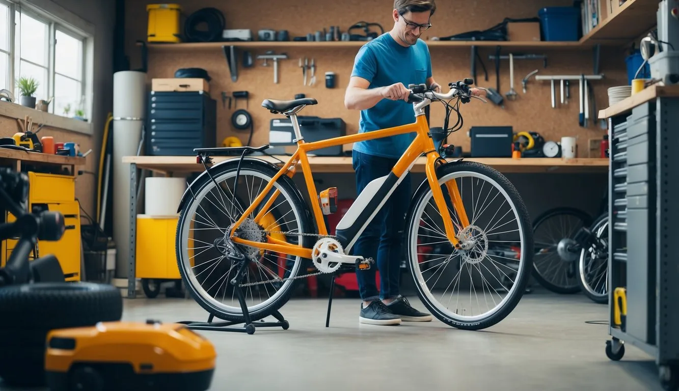 Ebike Magic, DIY -Stil! Entsperren von Elektrofahrradkonvertierungskits: Was Sie wissen müssen! Eine Person, die ein Elektrofahrradumwandlungs -Kit auf einem traditionellen Fahrrad in einem überfüllten Garagen -Workshop zusammenstellt