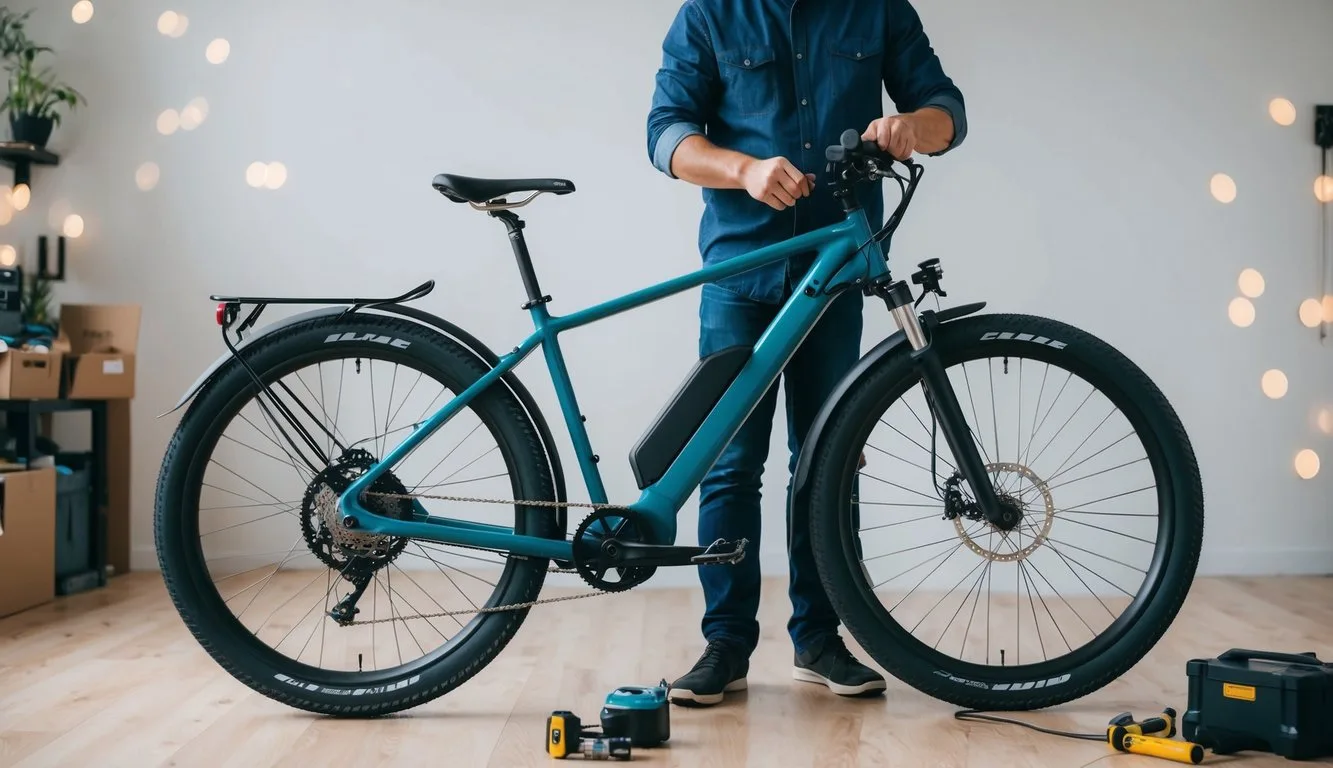 Ebike Magic, DIY -Stil! Entsperren von Elektrofahrradkonvertierungskits: Was Sie wissen müssen! Eine Person, die ein Elektrofahrradumwandlungskit auf einem herkömmlichen Fahrradrahmen mit Werkzeugen und Komponenten aus einem DIY -Kit zusammenstellt