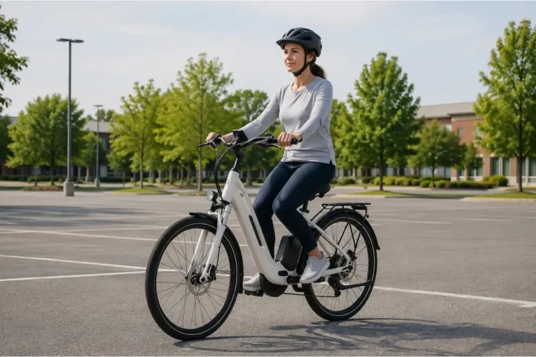 Beginner practicing how to ride an electric bike safely in an empty parking lot