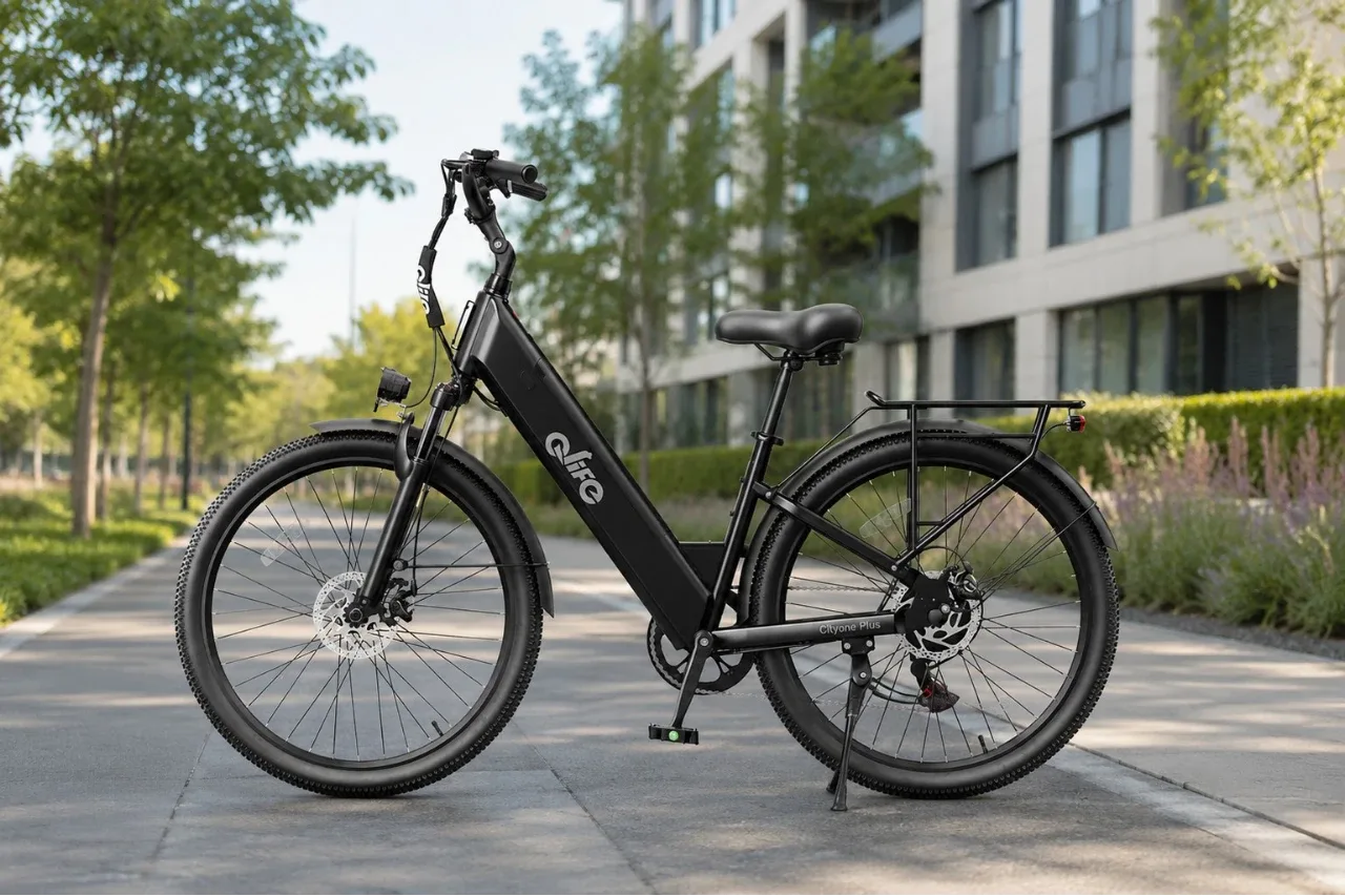 Black Qlife Cityone 2.0 electric bike parked on a modern urban pathway.