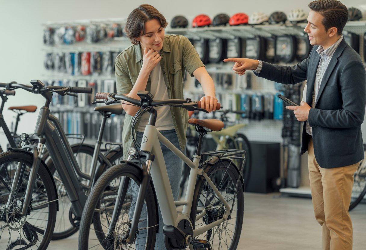A person examining an electric bike in a bike shop while a store employee provides advice.