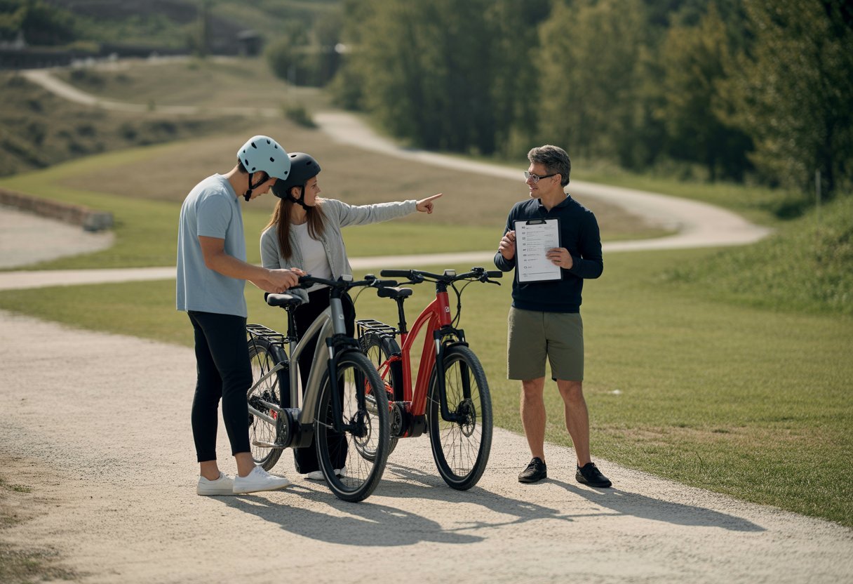 A group of people outdoors with an electric bike and a checklist, standing near a park trail with varied terrain in the background.