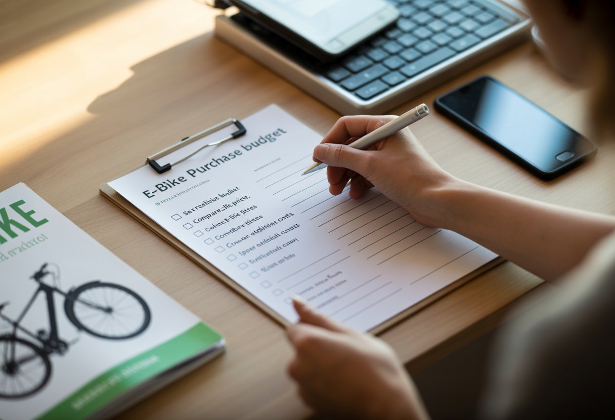Hands holding a pen and filling out a checklist about e-bike budgeting on a clipboard on a wooden desk with a calculator and e-bike catalog nearby.