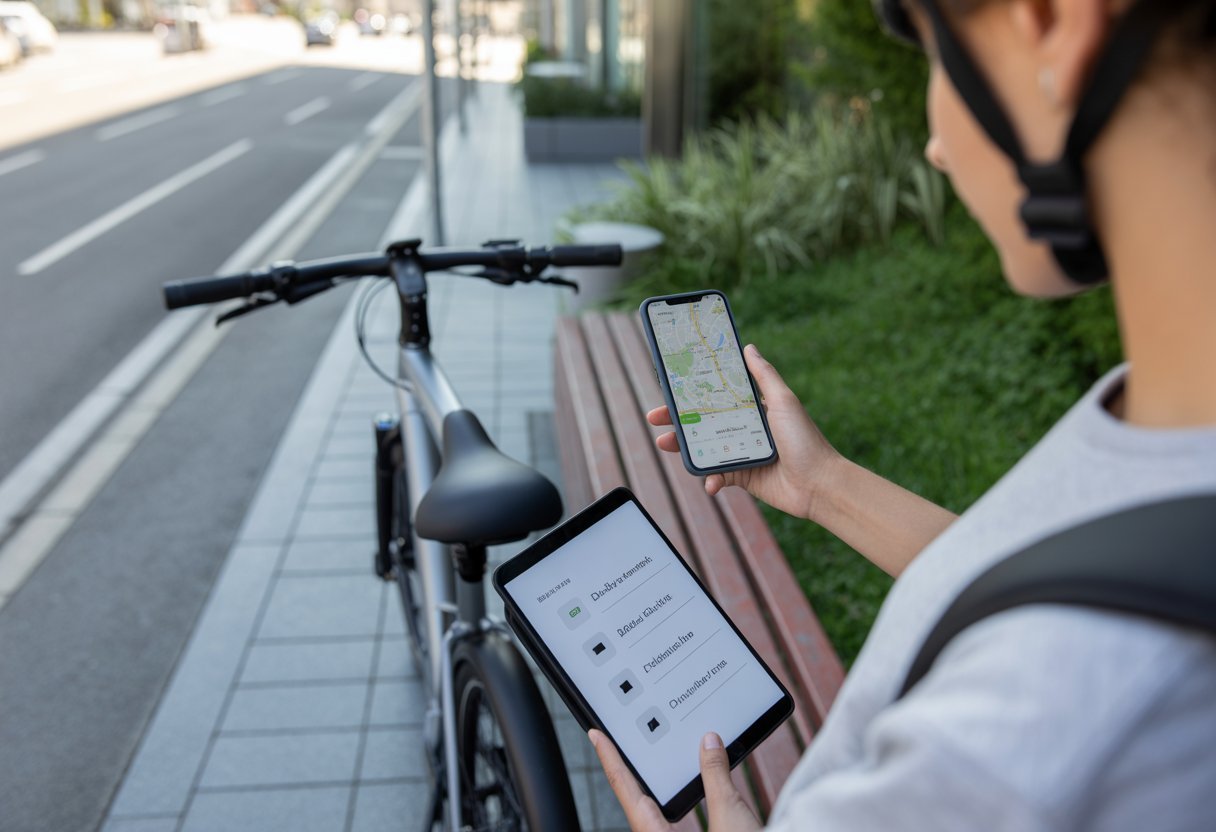Person standing next to an electric bike in a city, looking at a smartphone with a map and a checklist on a tablet nearby.