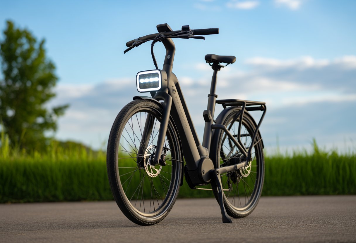 An electric bike outdoors showing integrated lights and reflectors on a sunny day.