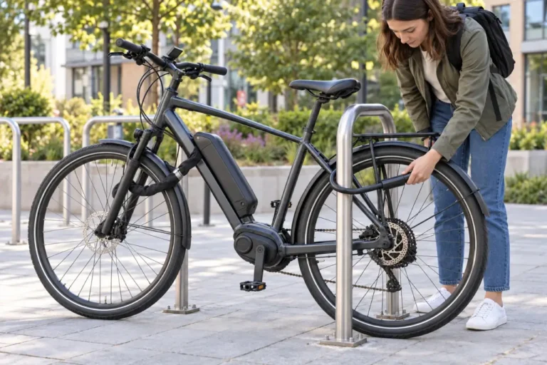 Owner securing a powered-off commuter e-bike to a fixed rack with a U-lock and a second lock for the front wheel.