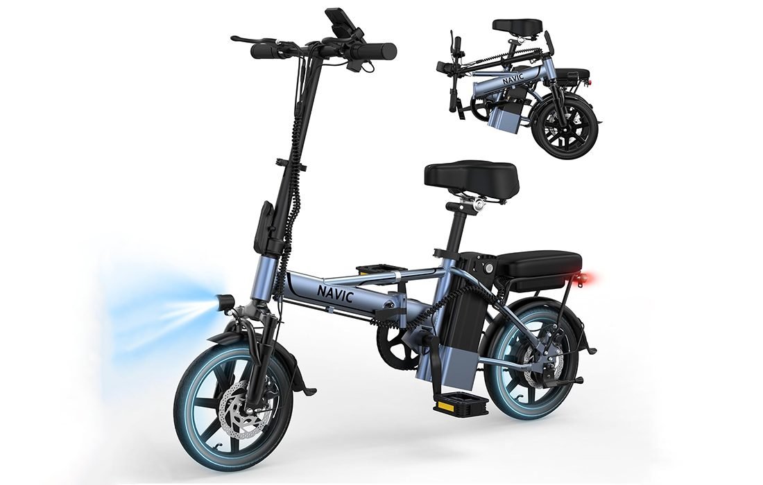NAVIC CB6 Review: 750W Folding E-Bike with 499Wh Battery & 22mph Speed NAVIC CB6 14-inch folding electric bike in silver-gray with battery and motor