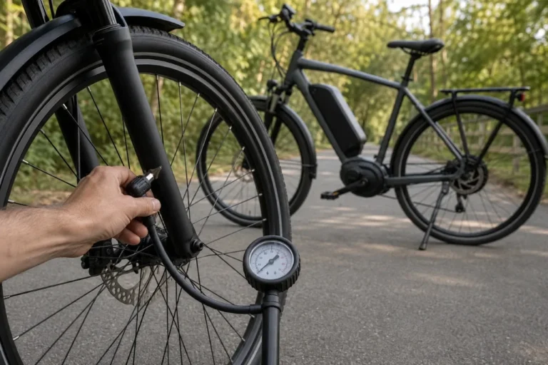 Checking e-bike tire pressure with a floor pump and pressure gauge