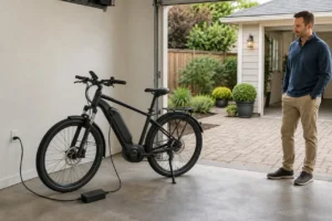Adult supervising an electric bike charging on a dry garage floor with the outdoor patio visible.