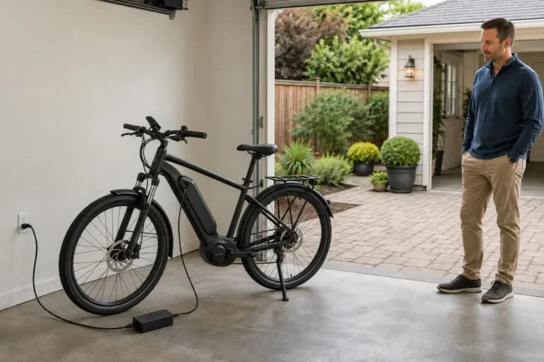 Adult supervising an electric bike charging on a dry garage floor with the outdoor patio visible.