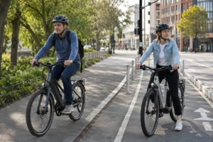 Class 1 pedal-assist and Class 2 throttle e-bikes compared on a paved bike route