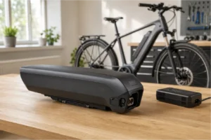 E-Bike Battery Technology Trends: What Riders Should Know Removable e-bike battery with an electric bicycle in a workshop