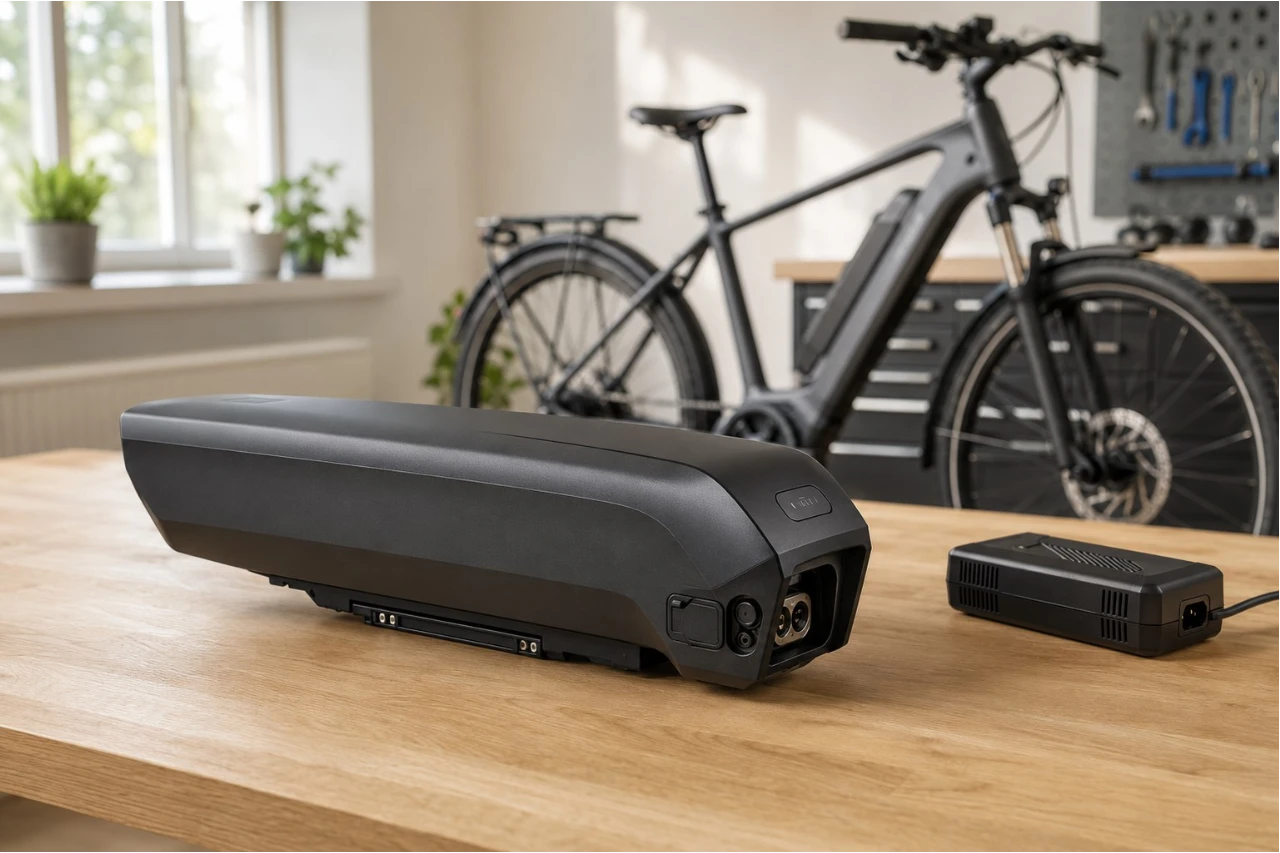 Removable e-bike battery with an electric bicycle in a workshop