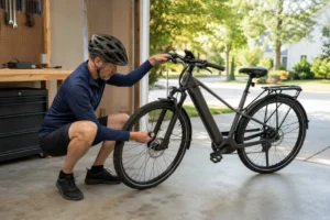 Helmeted rider checking the front tire pressure and brake lever on a powered-off electric bike before a ride.