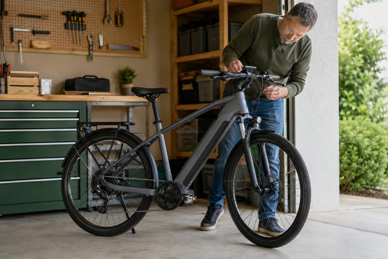 Rider inspecting a commuter electric bike in a home garage