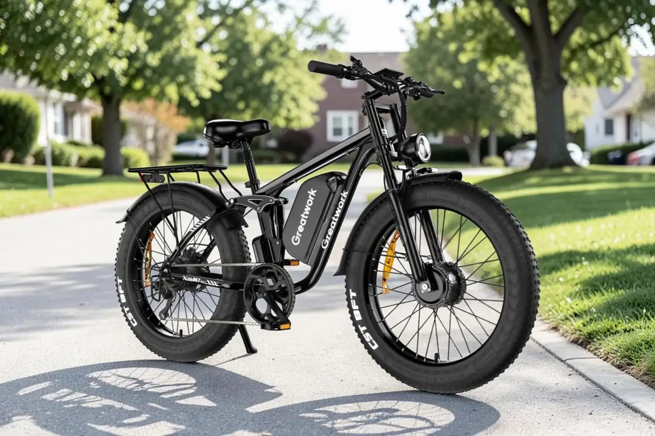 Greatwork M7 Pro dual-motor fat-tire electric bike on a suburban path
