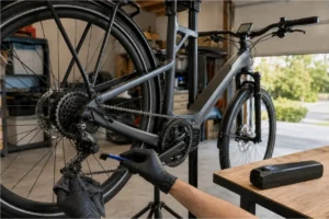Gloved rider cleaning an e-bike chain and rear drivetrain with a brush in a home garage.