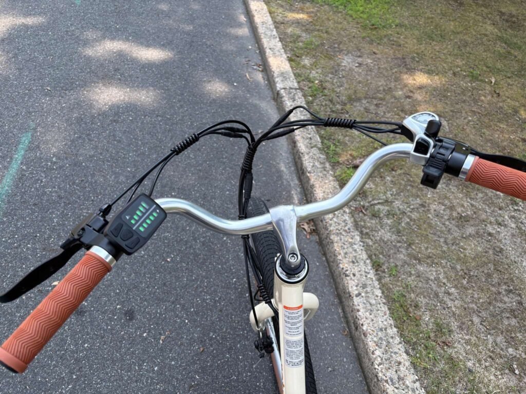 Beaumont Rev 3 handlebar controls showing the LED display, throttle, shifter, and bell