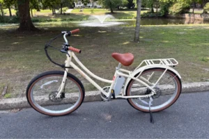 Retrospec Beaumont Rev 3 step-through electric city bike on a paved park road