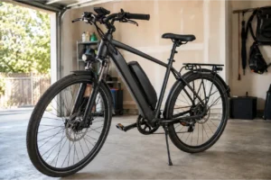 Swollen e-bike battery with a bowed casing isolated in a residential garage
