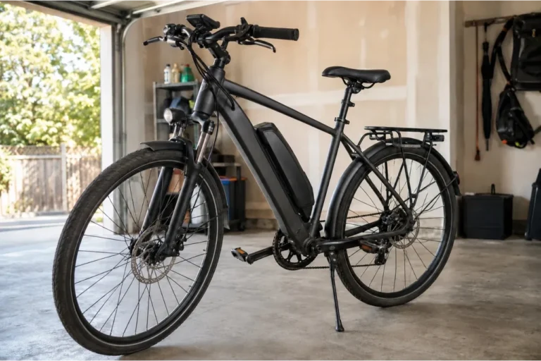 Swollen e-bike battery with a bowed casing isolated in a residential garage