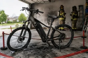 Firefighters inspecting a fire-damaged e-bike with burned tires in a residential garage