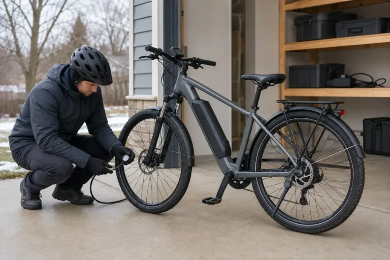 Adult rider checking the front tire pressure of a powered-off electric bike at a garage entrance in winter.