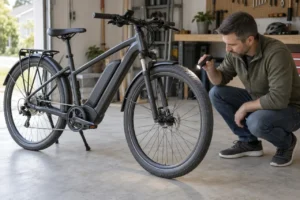 Owner inspecting tread wear on the front tire of a powered-off commuter e-bike in a garage.