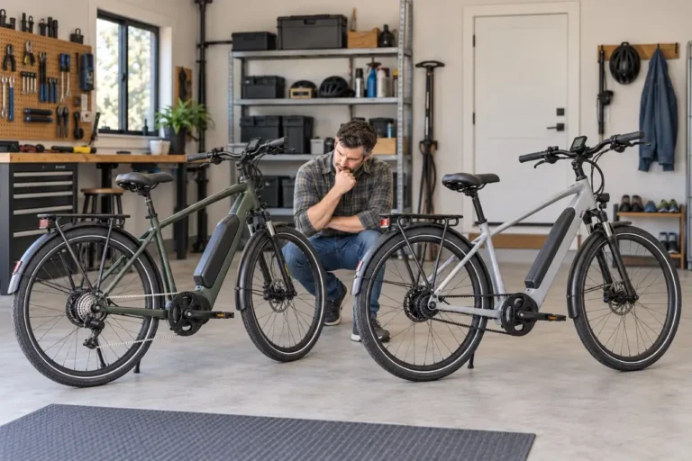 Comparison of belt drive and chain drive systems on electric bikes in a home garage