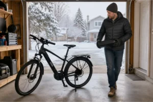 E-bike owner bringing a removable battery indoors from freezing winter weather before charging.