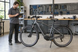 Technician recording an annual safety inspection beside a parked electric bike in a bicycle workshop.