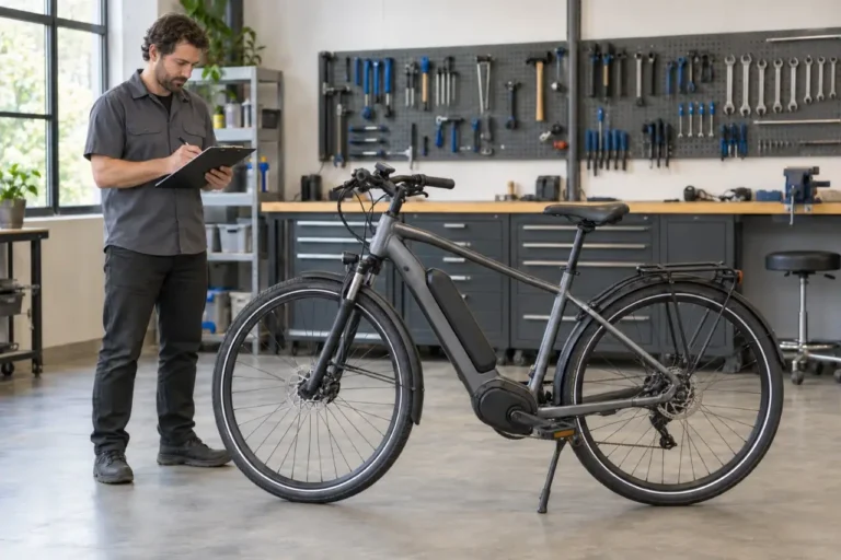 Technician recording an annual safety inspection beside a parked electric bike in a bicycle workshop.