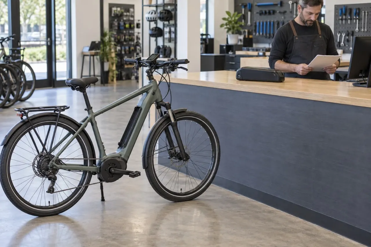 An intact removable e-bike battery on a bike shop counter beside a parked electric bicycle, ready for recycling intake.