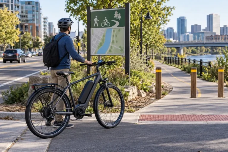 Adult rider checking a Class 3 e-bike route sign beside a commuter electric bike
