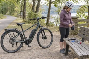 An adult rider checks a compact roadside repair kit beside a parked e-bike at a paved trail rest area.