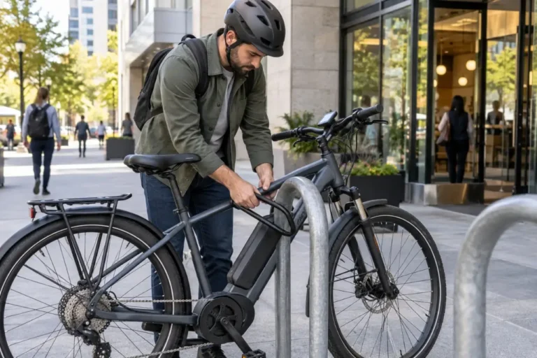 Adult rider securing an electric bike with a U-lock at a public bike rack