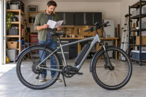 Adult rider reviewing an e-bike manual beside a parked commuter e-bike with its rear hub motor visible.