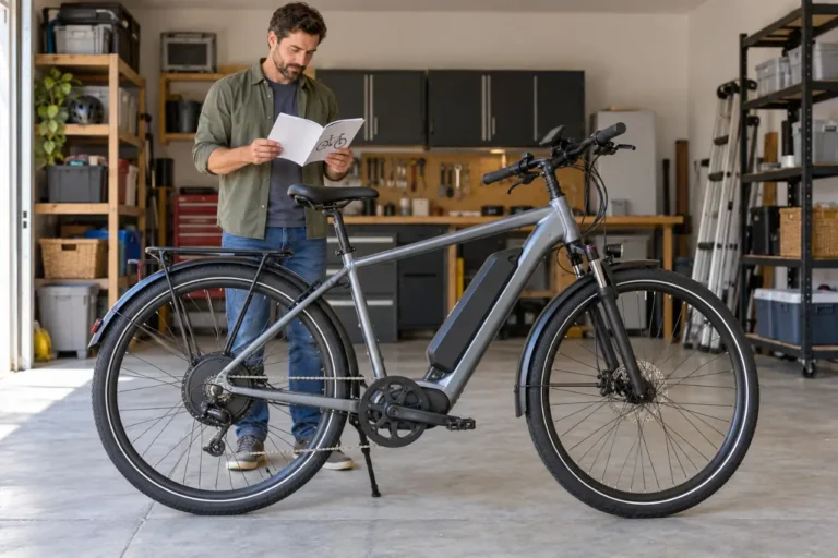 Adult rider reviewing an e-bike manual beside a parked commuter e-bike with its rear hub motor visible.