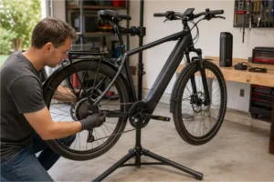 E-bike owner using a chain wear gauge to inspect the drivetrain on a repair stand.