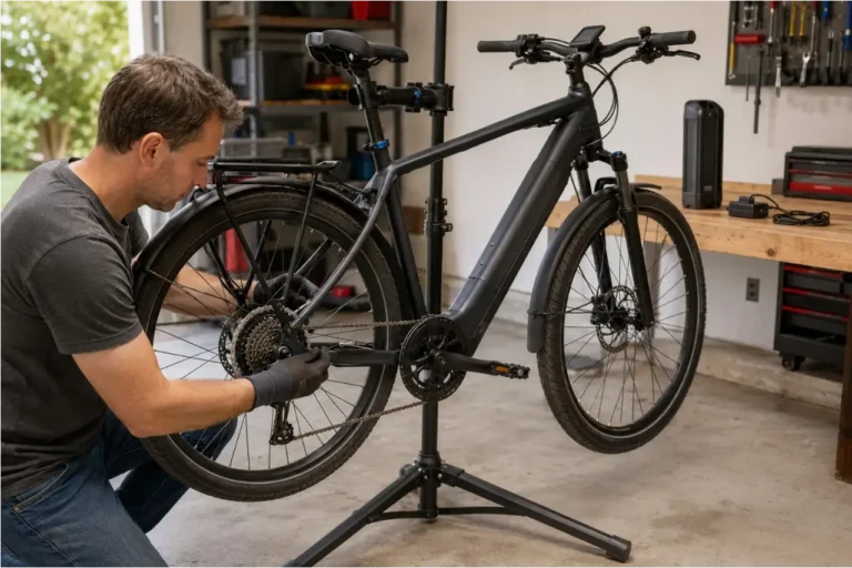 E-bike owner using a chain wear gauge to inspect the drivetrain on a repair stand.