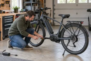 Adult cyclist checking a loose pedal connection on an electric bike in a home garage