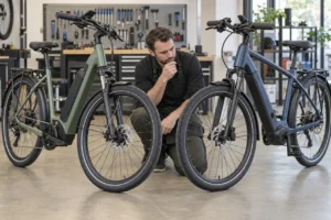 Technician comparing mechanical and hydraulic disc brakes on two powered-off e-bikes.