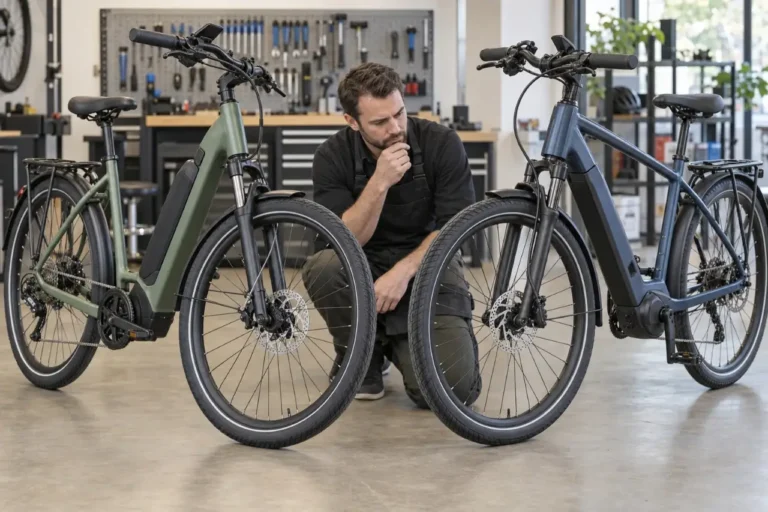 Technician comparing mechanical and hydraulic disc brakes on two powered-off e-bikes.