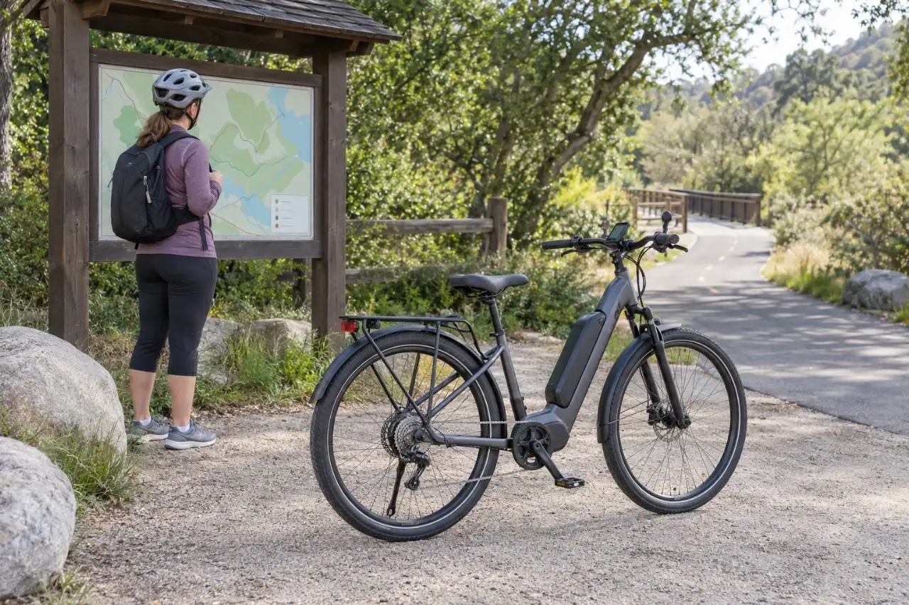 Helmeted rider checking a trail information board beside a parked electric bike before entering a shared-use path.
