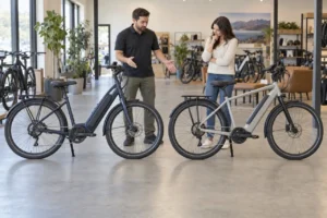 Rider comparing cadence- and torque-sensing electric bikes in a bicycle shop.