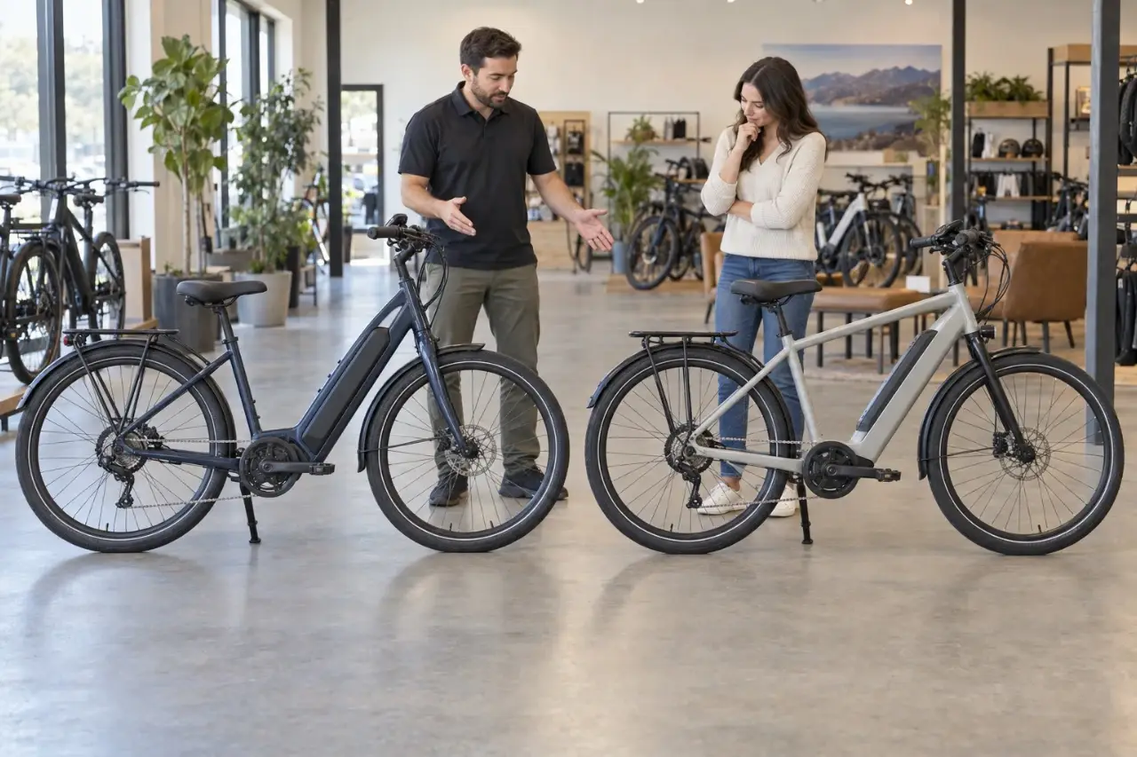 Rider comparing cadence- and torque-sensing electric bikes in a bicycle shop.