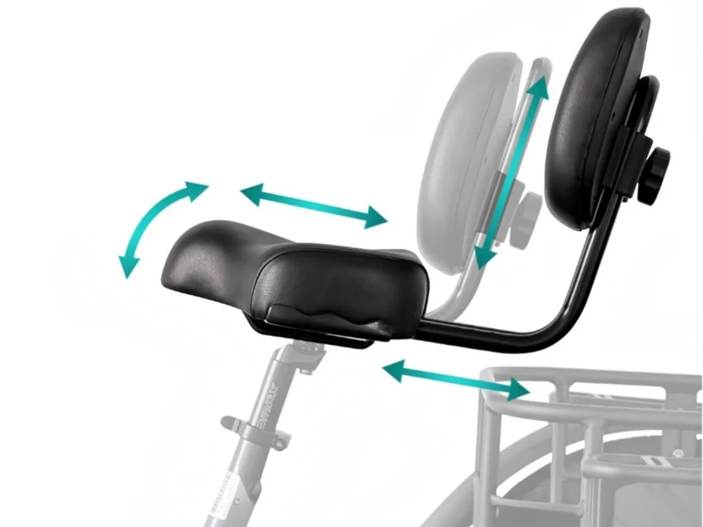 VTUVIA E-Cozy adjustable seat and backrest with arrows showing adjustment directions