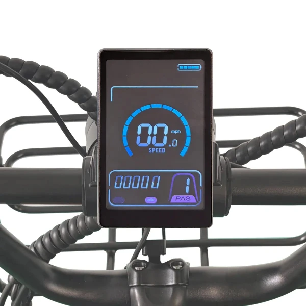 VTUVIA E-Cozy display showing speed, battery level and pedal assist level
