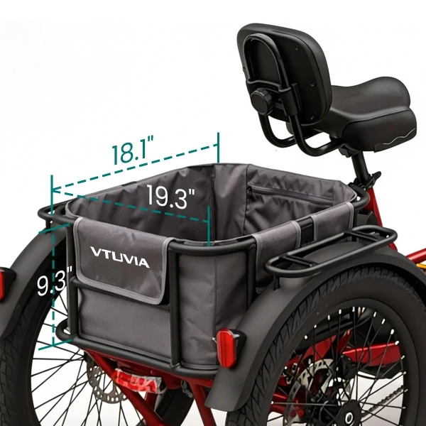 VTUVIA E-Cozy rear cargo basket with liner bag and dimensions